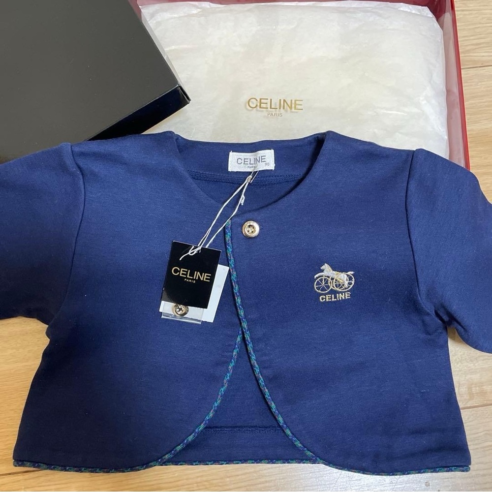 🚩steal Authentic Celine Navy Blue Baby Cardigan with Embroidered Bicycle